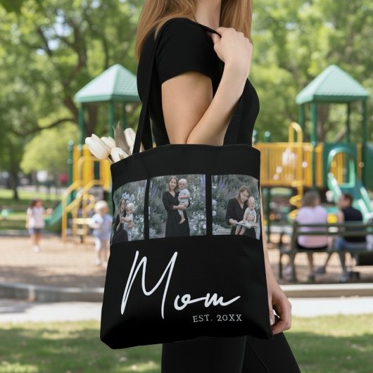 Mom Established Black Modern Script Photo Tote Bag Tasche