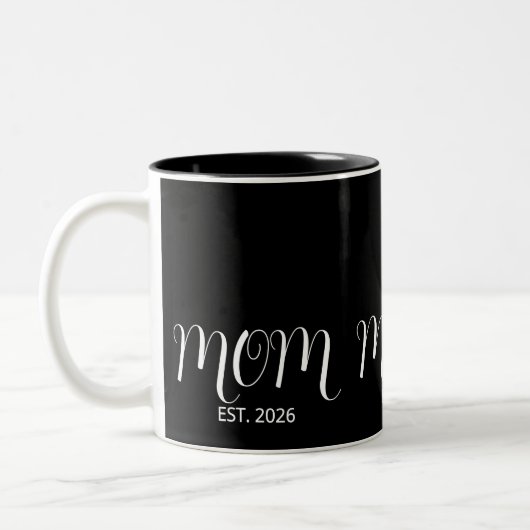 Mom Established Black Script New Mom Gift Zweifarbige Tasse (Links)