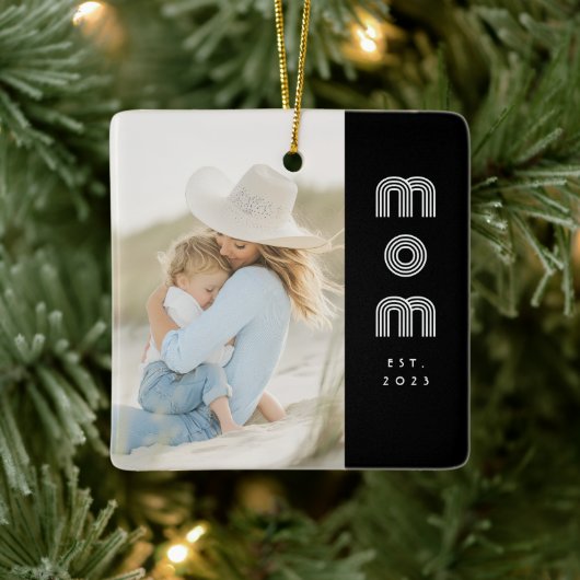 Mom Established Black White Retro Script Photo Keramikornament (Baum)