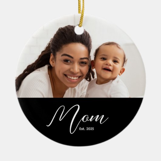 Mom Established Black White Script Photo Keramik Ornament (Vorne)