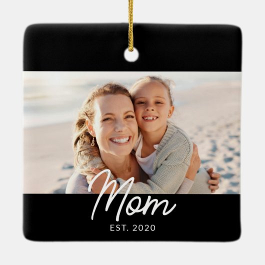 Mom Established Black White Script Photo Keramikornament (Rückseite)