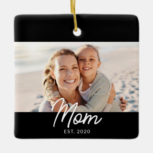 Mom Established Black White Script Photo Keramikornament (Vorderseite)