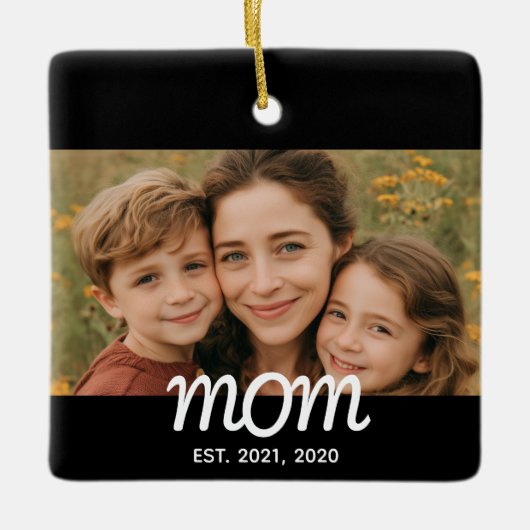Mom Established Black White Script Photo Keramikornament (Vorderseite)