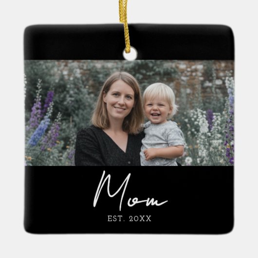 Mom Established Black White Script Photo Keramikornament (Vorderseite)