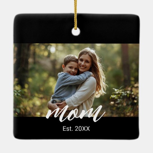 Mom Established Black White Script Photo Keramikornament (Rückseite)