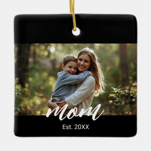 Mom Established Black White Script Photo Keramikornament (Vorderseite)
