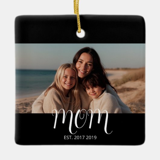 Mom Established Black White Script Photo Keramikornament (Vorderseite)