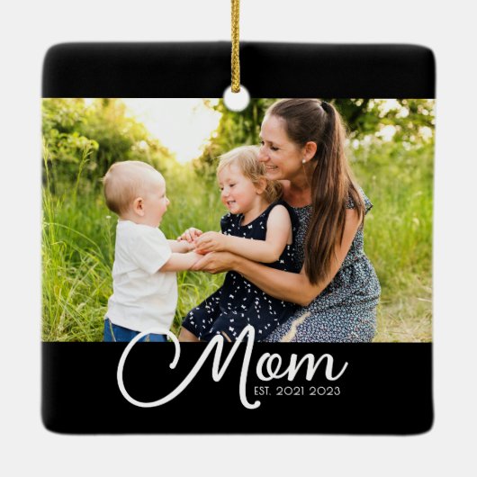 Mom Established Black White Script Photo Keramikornament (Rückseite)