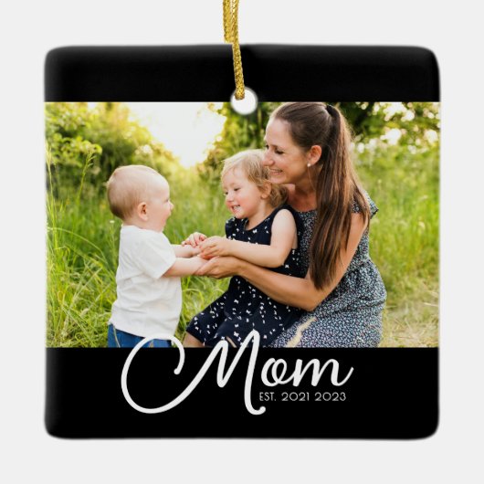 Mom Established Black White Script Photo Keramikornament (Vorderseite)
