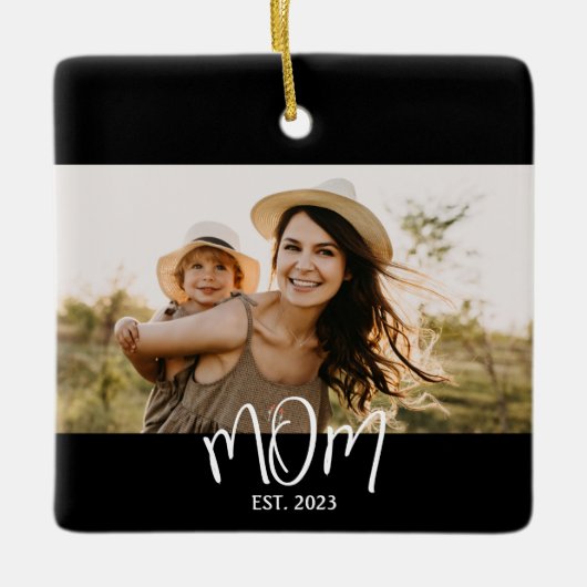 Mom Established Black White Script Photo Keramikornament (Vorderseite)