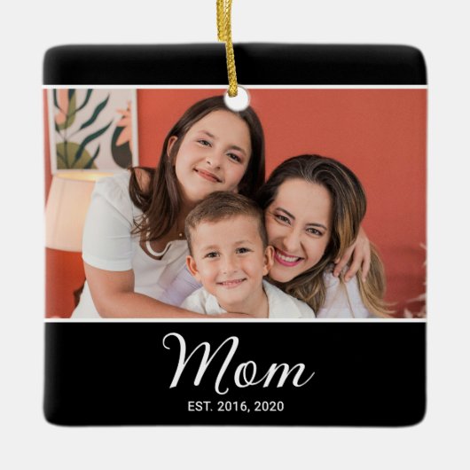 Mom Established Black White Script Photo Keramikornament (Vorderseite)