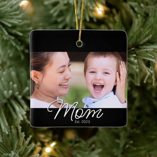 Mom Established Black White Script Photo Keramikornament (Baum)