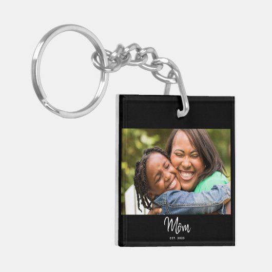 Mom Established Black White Script Photo Schlüsselanhänger (Vorderseite links)