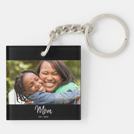 Mom Established Black White Script Photo Schlüsselanhänger (Rückseite)