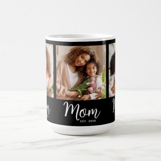 Mom Established Date 3 Photo White Script on Black Kaffeetasse (Mittel)