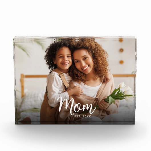 Mom Established Date Custom White Script Modern Fotoblock (Vorderseite)