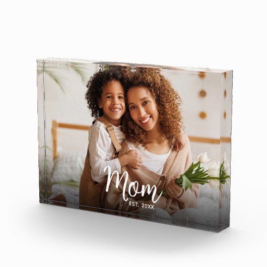 Mom Established Date Custom White Script Modern Fotoblock (Rechts)