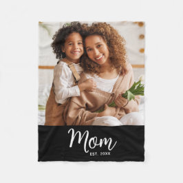 Mom Established Date White Script on Black Photo Fleecedecke