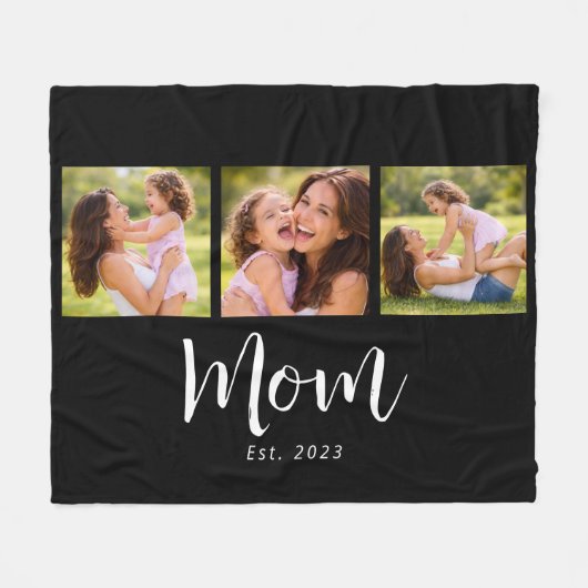 Mom Established Elegant Script Black 3 Photo Fleecedecke (Vorderseite (Horizontal))
