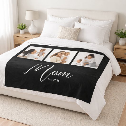 Mom Established Elegant Script Black 3 Photo Fleecedecke