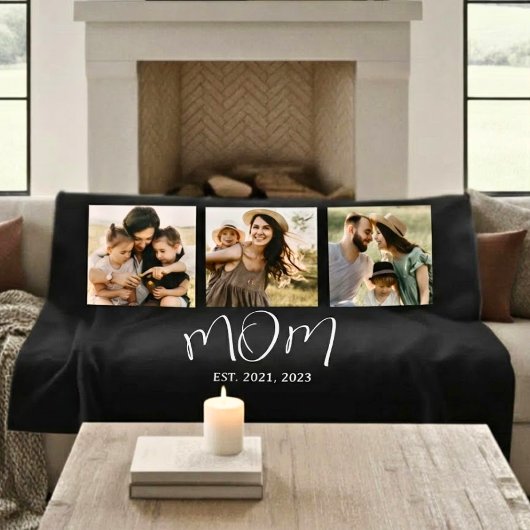 Mom Established Elegant Script Black 3 Photo Fleecedecke