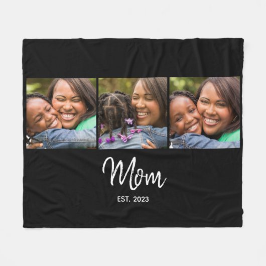 Mom Established Elegant Script Black 3 Photo Fleecedecke (Vorderseite (Horizontal))