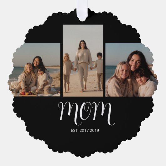 Mom Established Graceful Script Black 3 Photo Ornament Karte (Vorderseite)
