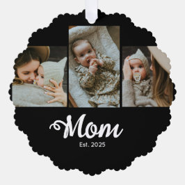 Mom Established Modern Bold Script Black 3 Photo Ornament Karte