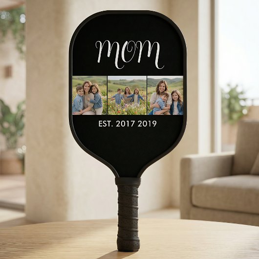 Mom Established Modern Bold Script Black 3 Photo Pickleball Schläger