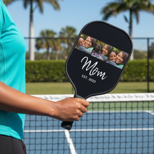 Mom Established Modern Bold Script Black 3 Photo Pickleball Schläger