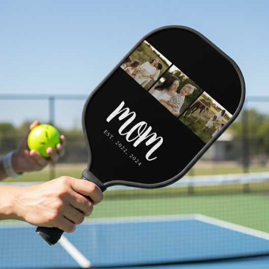 Mom Established Modern Bold Script Black 3 Photo Pickleball Schläger