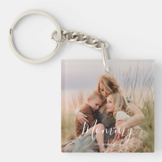 Mom Established Modern Elegant Script Photo Schlüsselanhänger (Vorderseite)