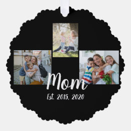 Mom Established Modern Script Black 3 Photo Ornament Karte