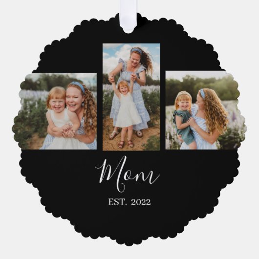 Mom Established Modern Script Black 3 Photo Ornament Karte (Vorderseite)
