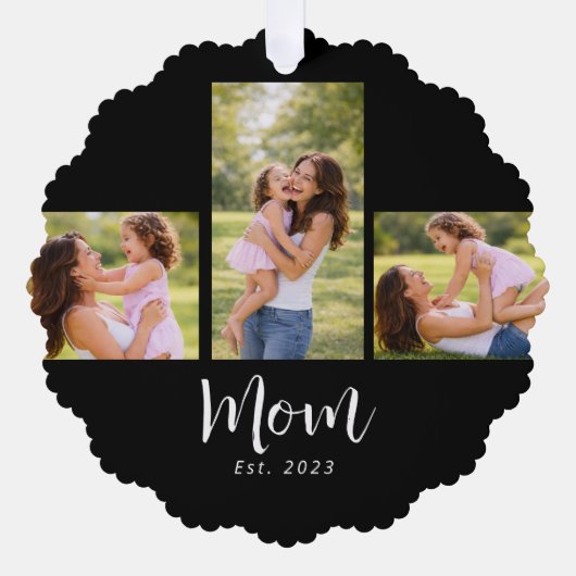 Mom Established Modern Script Black 3 Photo Ornament Karte (Vorderseite)