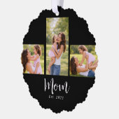 Mom Established Modern Script Black 3 Photo Ornament Karte (Links)