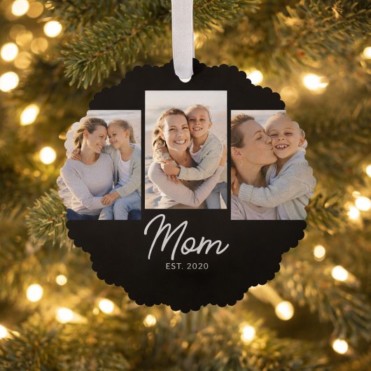Mom Established Modern Script Black 3 Photo Ornament Karte