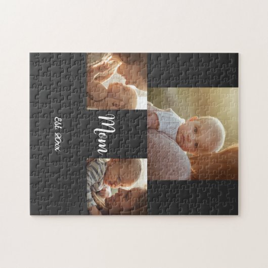 Mom Established Modern Script Black 3 Photo Puzzle (Horizontal)