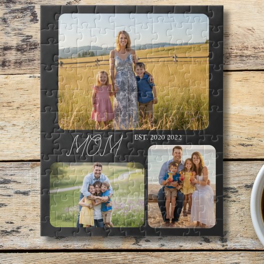 Mom Established Modern Script Black 3 Photo Puzzle
