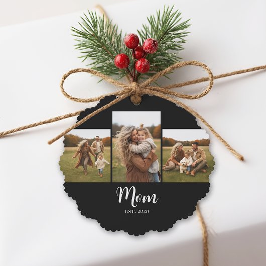Mom Established Modern Script Text Black 3 Photo Ornament Karte