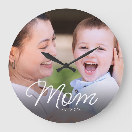 Mom Established Modern White Script Photo Große Wanduhr (Vorderseite)