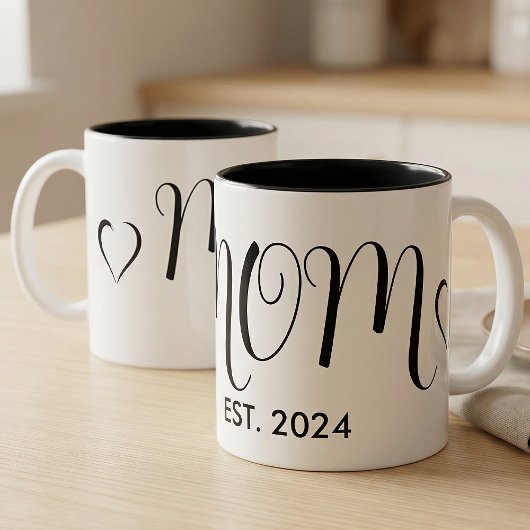 Mom Established New Mom Big Script Heart Zweifarbige Tasse