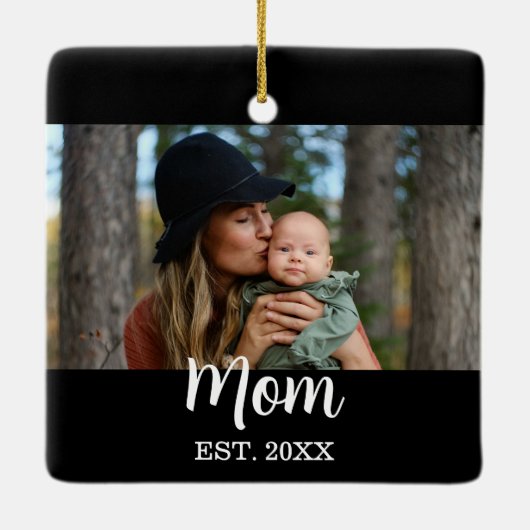 Mom Established Photo Mother's Day Black Keramikornament (Rückseite)
