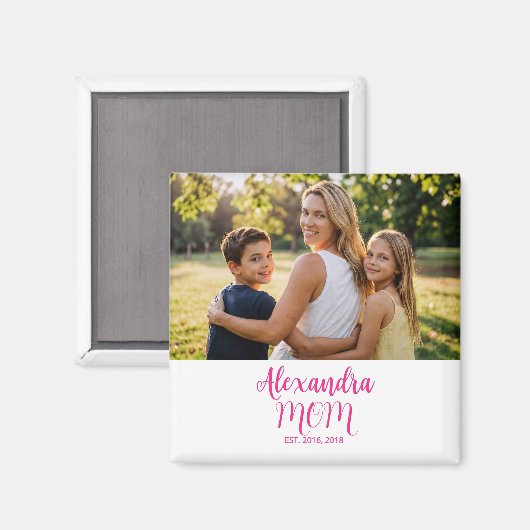 Mom Established Pink Script Name Photo  Magnet (Vorderseite/Rückseite)