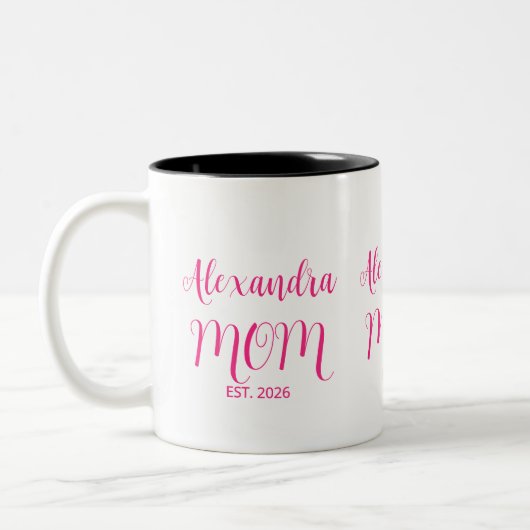 Mom Established Pink Script Name  Two-Tone Coffee Zweifarbige Tasse (Links)