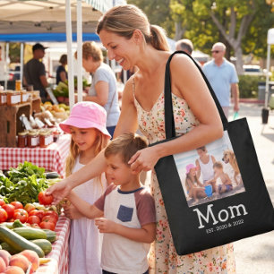 Mom Established Sagt Weiße Lustige Schriftart Foto Tasche
