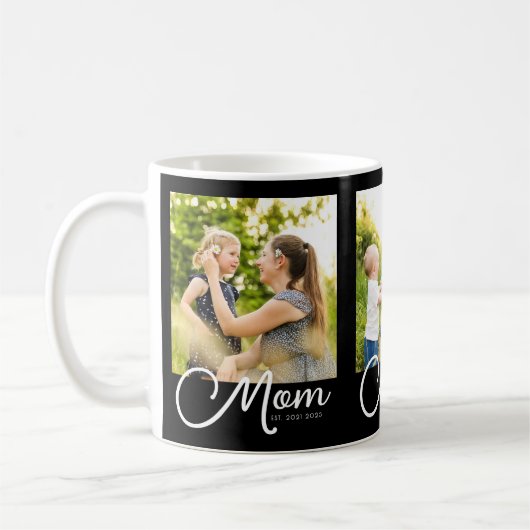 Mom Established Script Black 3 Photo Coffee Mug Kaffeetasse (Links)