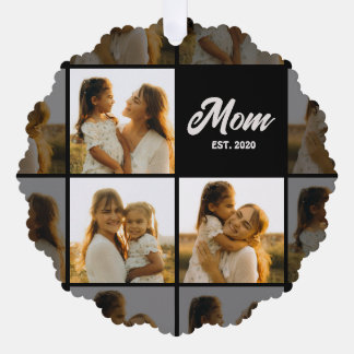 Mom Established Script Black 3 Photo Grid Ornament Karte