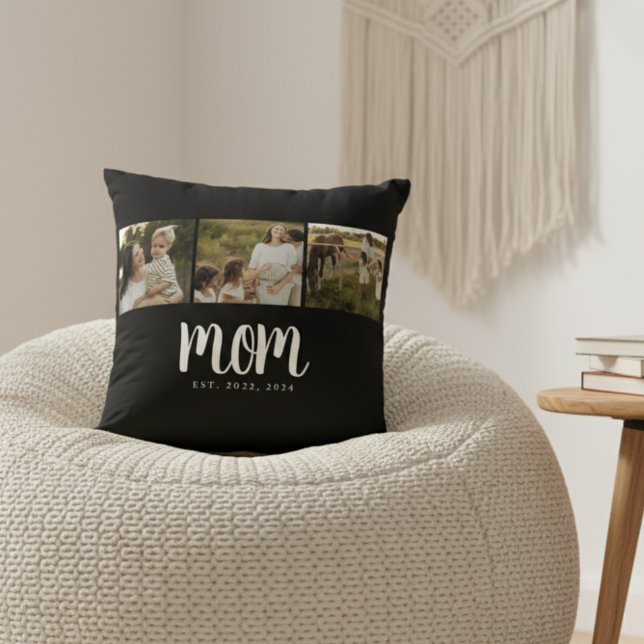 Mom Established Script Black 3 Photo Kissen (modern 3 photo black and white script mom established pillow gift for mom mother's day christmas)