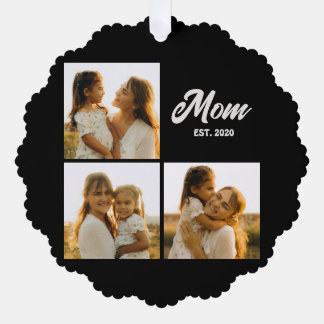 Mom Established Script Black 3 Photo Ornament Karte